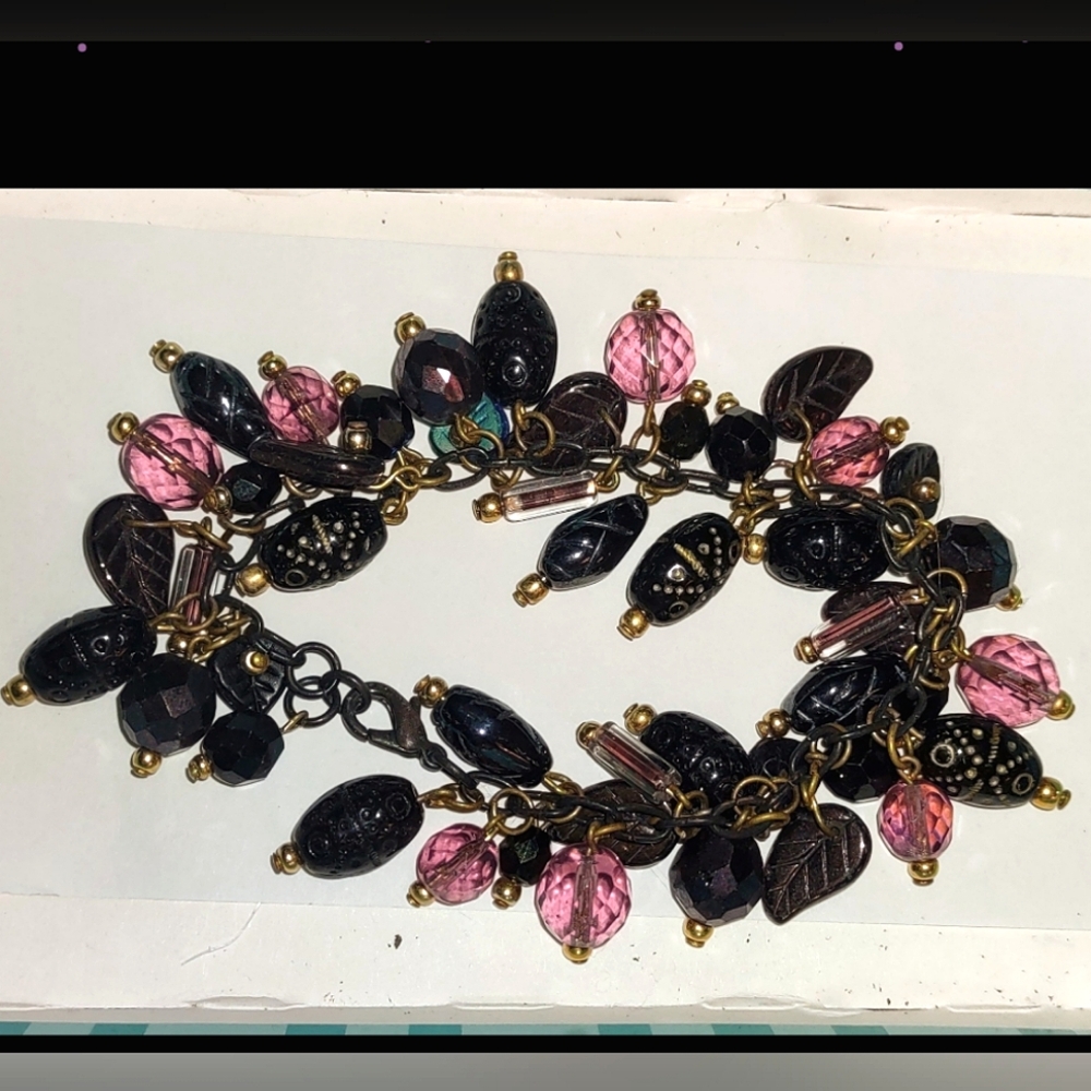 Cha Cha Bracelet;  Black & Pink Acrylic Beads Antique  Bronze Chain